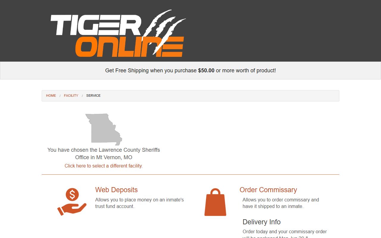 Lawrence County inmate records Tiger Commissary deposit portal