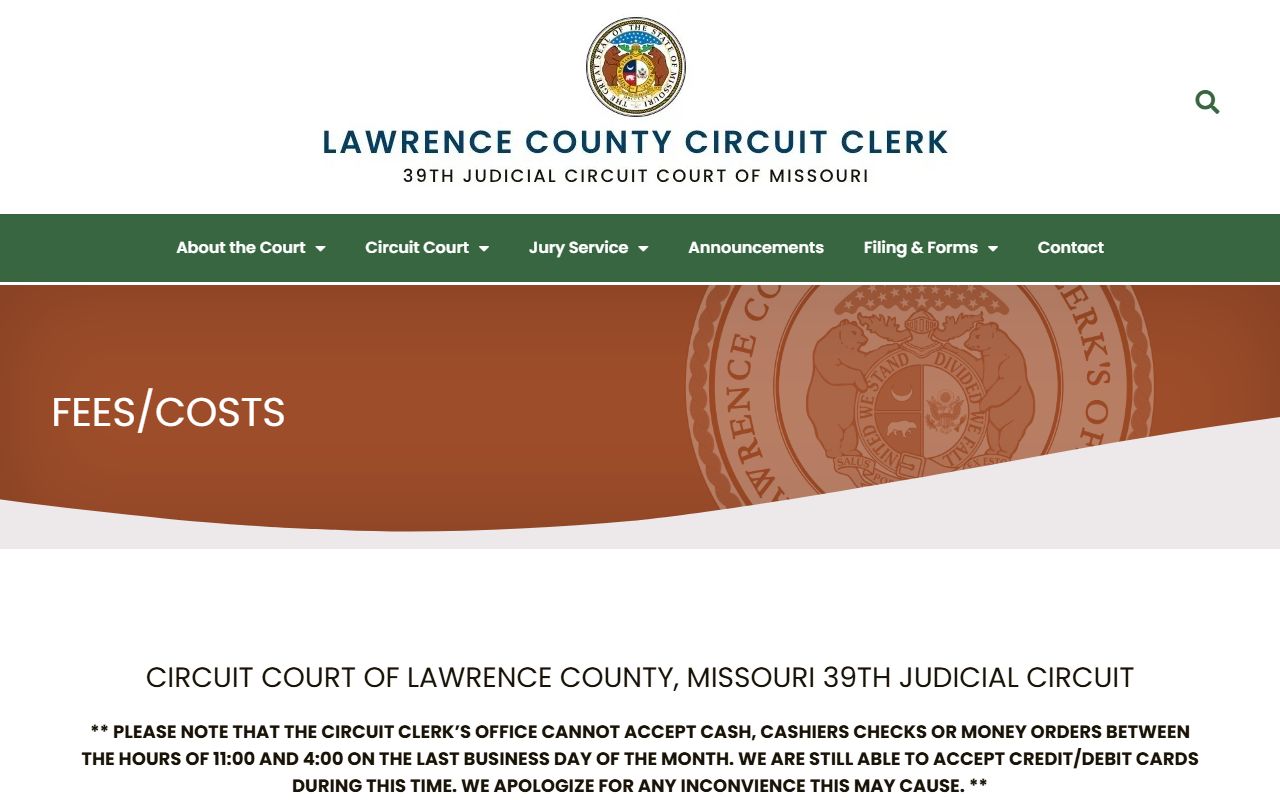 Lawrence County traffic court records court fees and costs page
